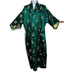 Johnson Green Gold Silk Satin Embroidered Long Kimono Robe L Pockets